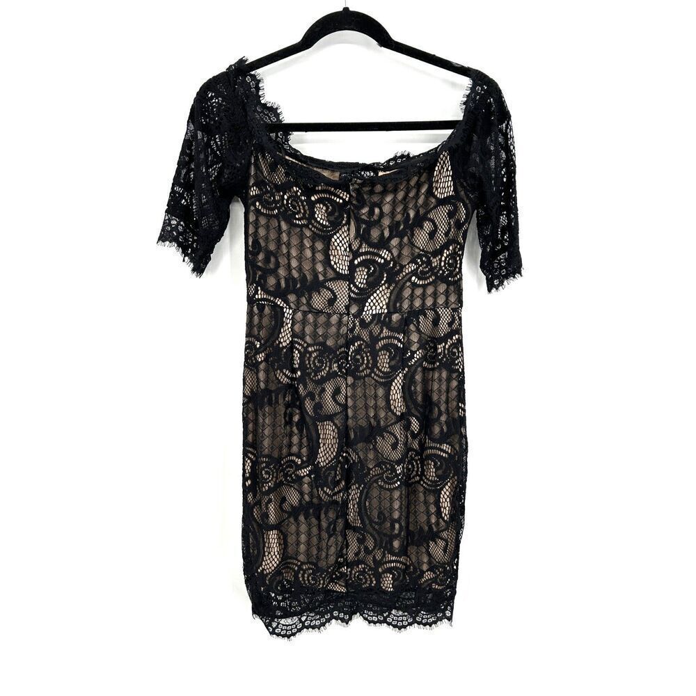 NWT FOREVER 21 Black Tan Lace Bodycon Boat Neck Mini Cocktail Dress Size Medium